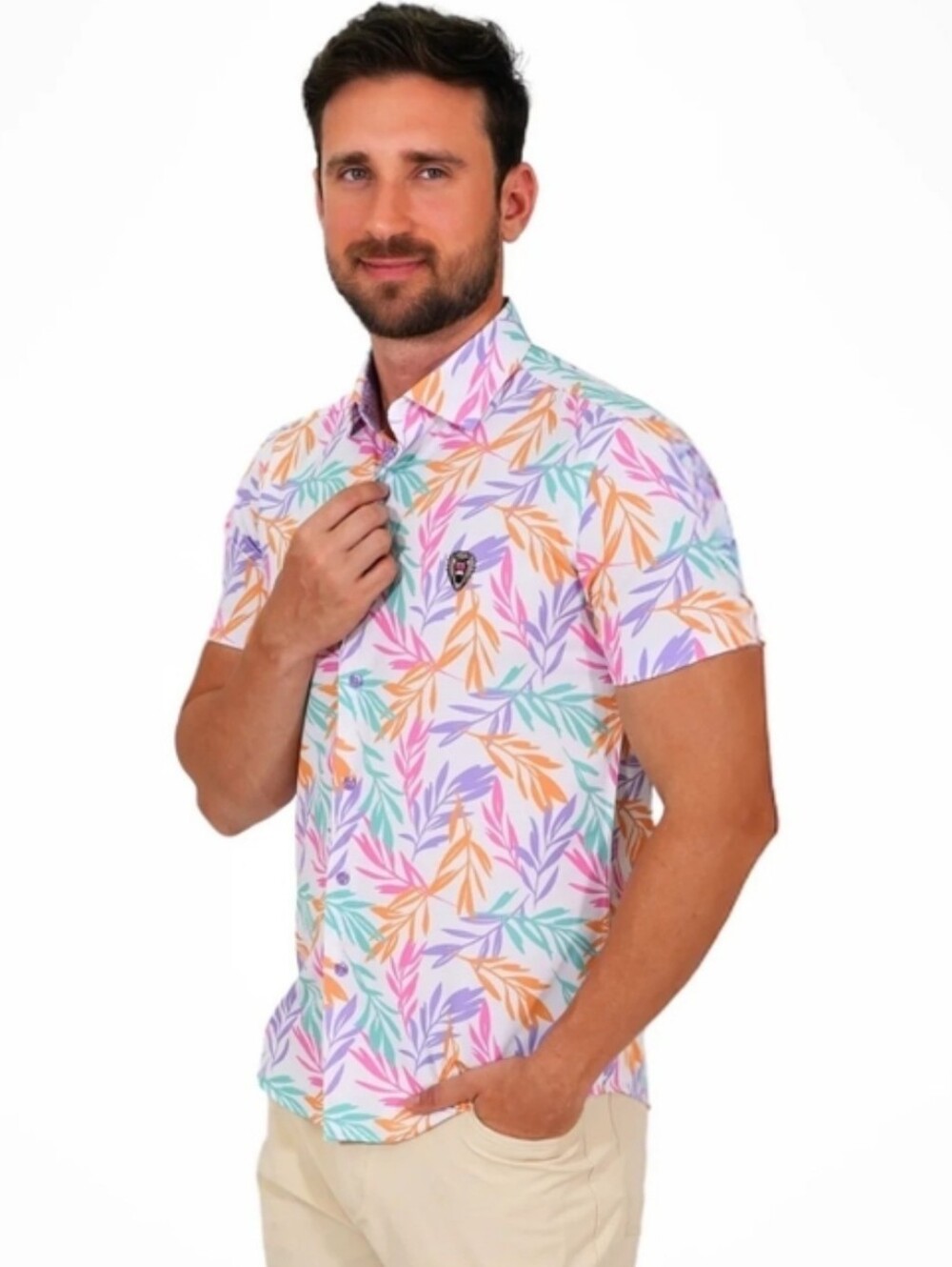 Mad Chuck Men's Pastel Tropical Print Short Sleeve Shirt - Pink Multi